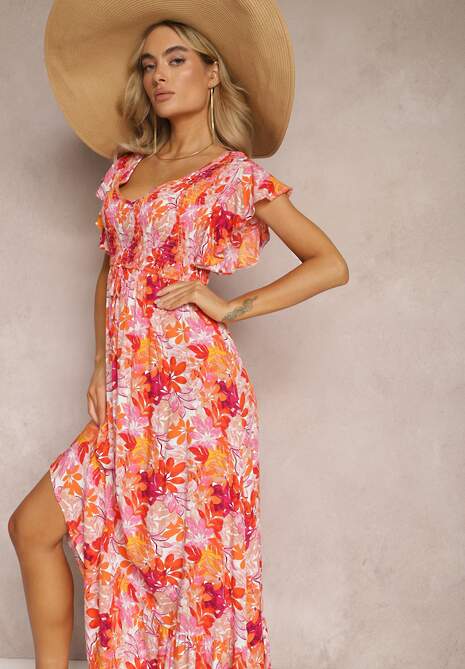 Pomarańczowa Długa Sukienka w Kwiaty z Gumką w Pasie Liumbia