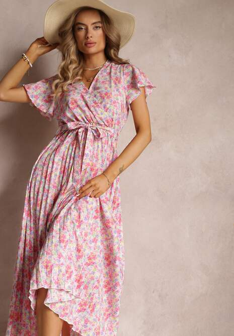 Jasnoróżowa Plisowana Sukienka Maxi w Kwiatki z Gumką w Talii Ikama