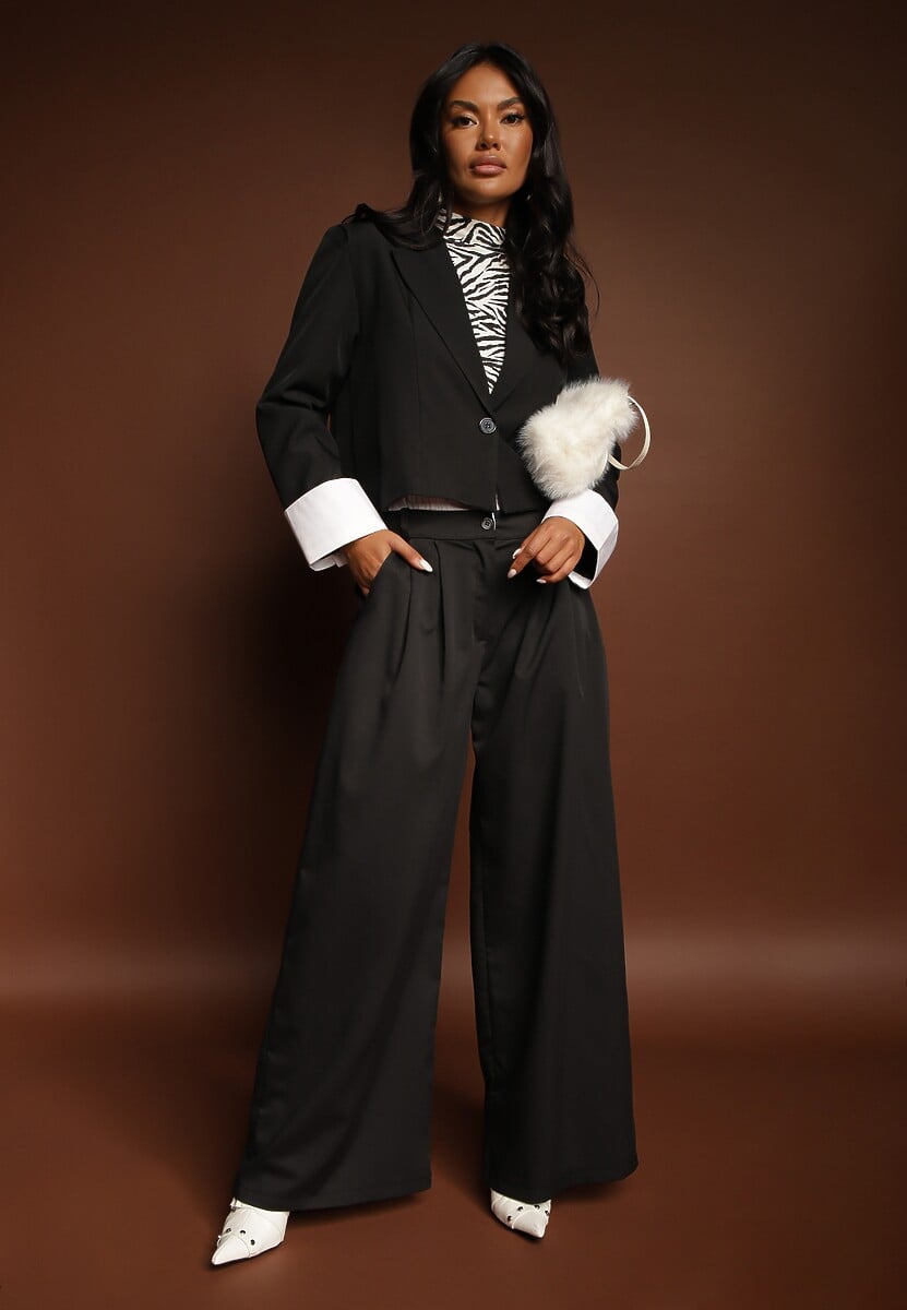 Ciemnobrązowy Garniturowy Komplet Marynarka i Spodnie z Kontrastującymi Zdobieniami Davirielle