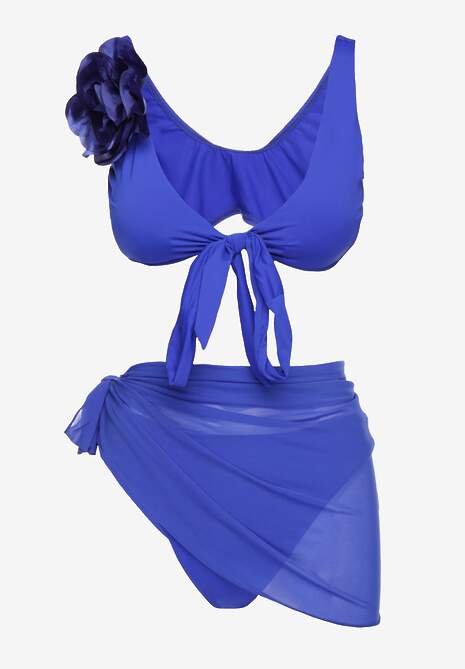 Niebieskie Bikini Majtki Figi Biustonosz z Broszką Kwiatu 3D i Siateczkowe Pareo Folissa