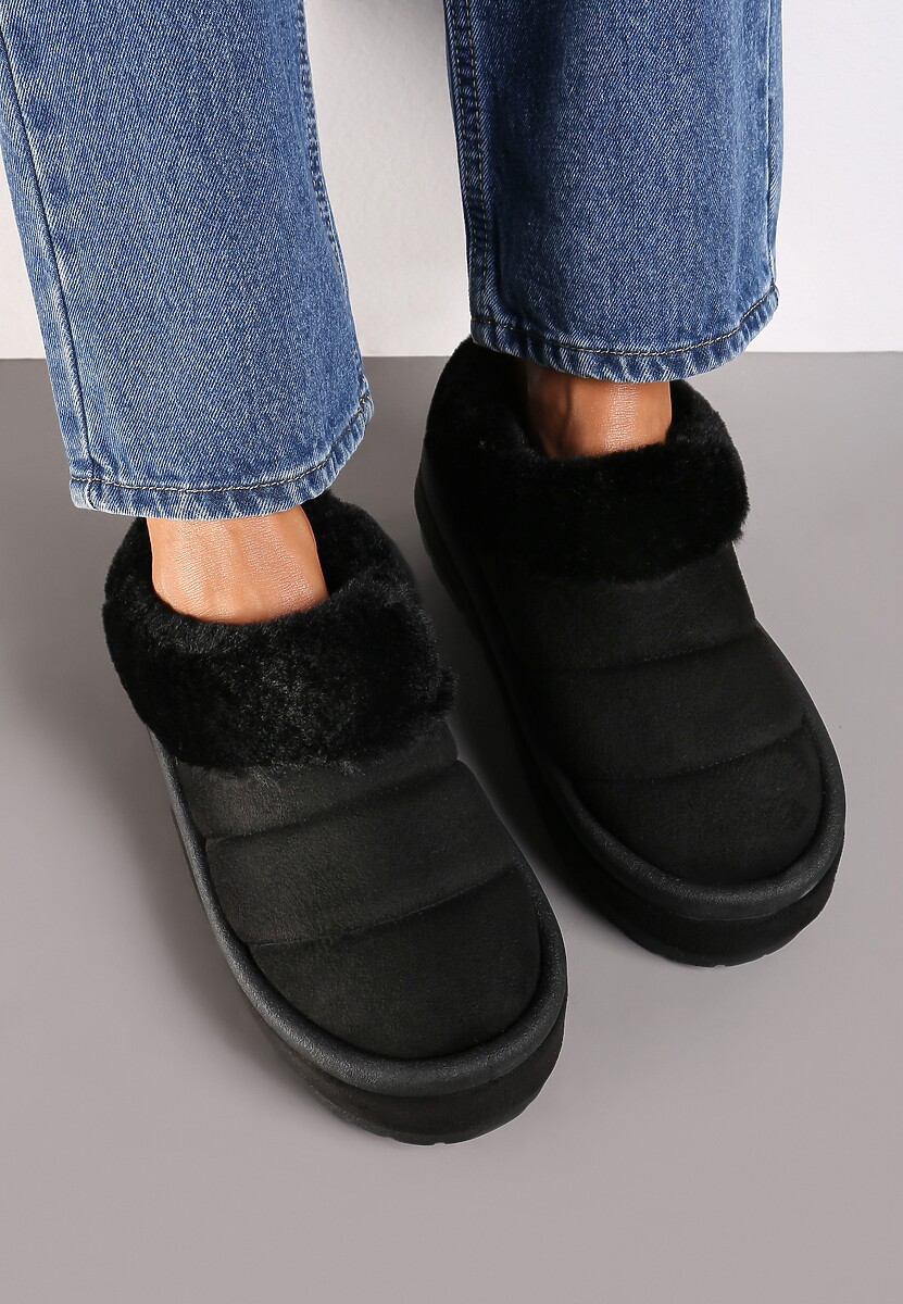 Czarne Wsuwane Śniegowce na Platformie Ozdobione Futerkiem Sinthiana