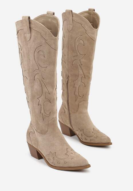 Ciemnobeżowe Kozaki Kowbojki na Stożku w Klasycznym Stylu Nalinda