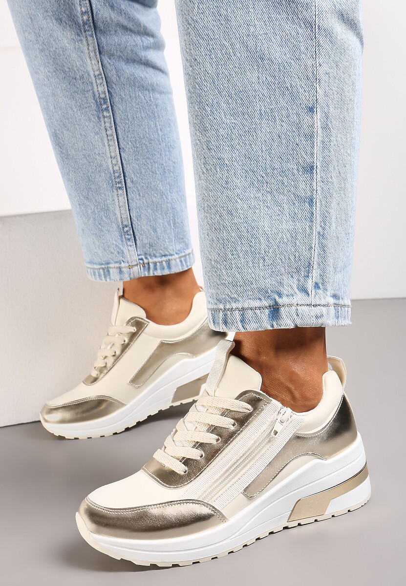 Beżowe Sneakersy z Ekoskóry z Połyskującymi Detalami i Ozdobnym Zamkiem Raviles