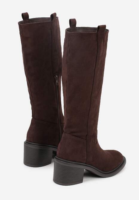 Brązowe Kozaki Oficerki Vices na Obcasie Zdobione Paskami przy Cholewce Giorela