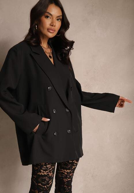 Czarna Marynarka Dwurzędowa o Przedłużonym Fasonie Pilinne