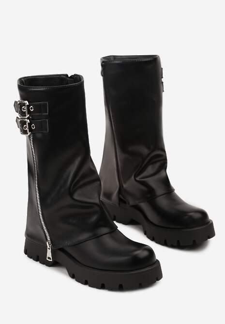 Czarne Botki Biker na Platformie z Wywiniętą Cholewką z Suwakiem i Klamerkami Selade
