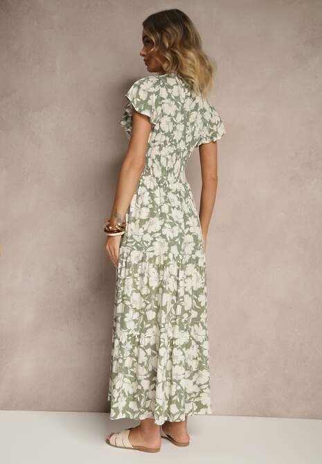 Ciemnozielona Kwiatowa Sukienka z Wiskozy Ozdobiona Guzikami Delisane