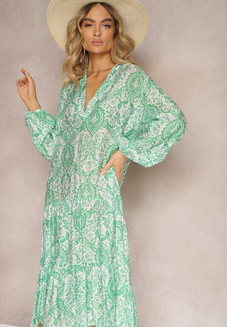 Zielona Kwiecista Sukienka o Rozkloszowanym Kroju z Dekoltem w Serek Nerpia