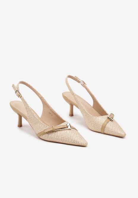 Ciemnobeżowe Sandały na Szpilce Typu Slingback Ozdobione Paskiem z Klamrą Karilen