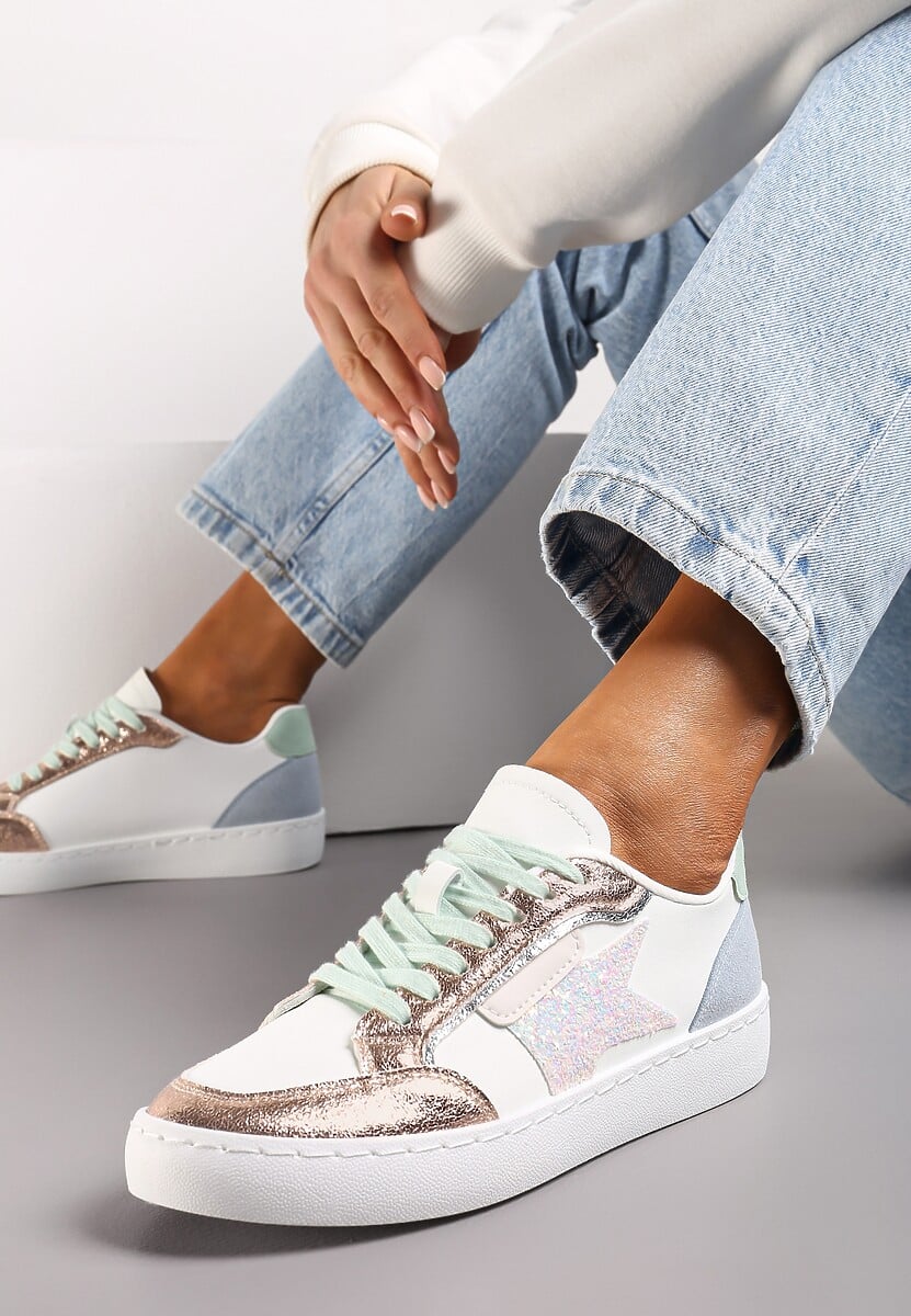 Biało-Szampańskie Sneakersy z Brokatowymi Wstawkami i Gwiazdką Reniva