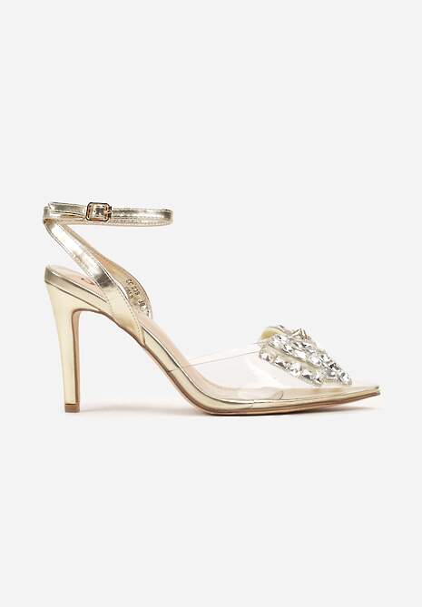 Złote Sandały na Obcasie z Przezroczystym Noskiem z Cyrkoniową Kokardą Azilda