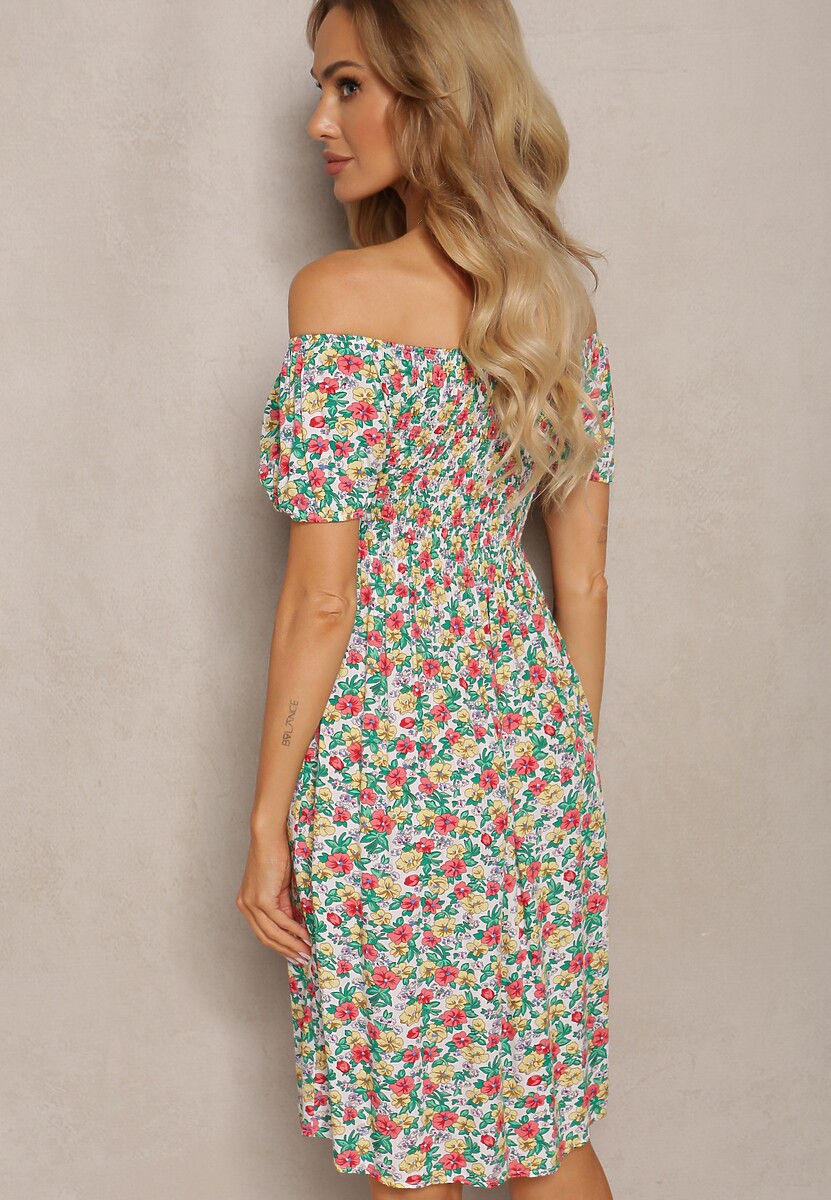 Biało-Zielona Wiskozowa Sukienka Hiszpanka w Kwiatowy Wzór Pialara