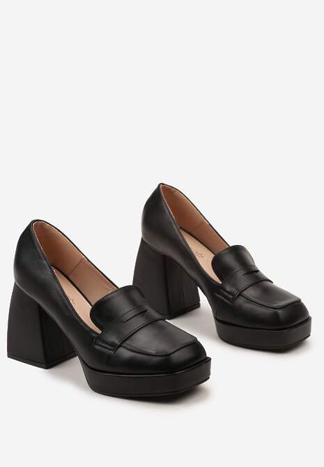 Czarne Czółenka z Noskiem w Kwadrat na Słupku i Platformie z Ozdobnym Wycięciem Drizona