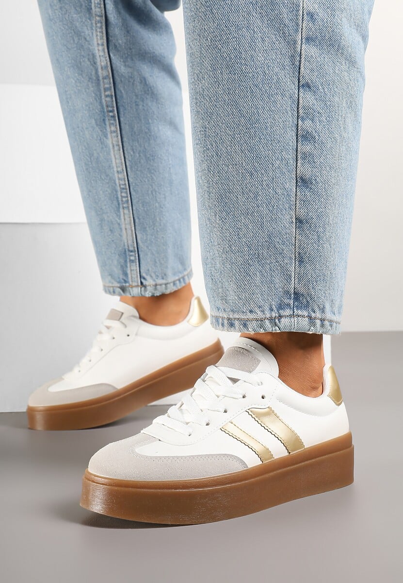 Biało-Złote Klasyczne Sneakersy Tenisówki na Niskiej Platformie Denirla