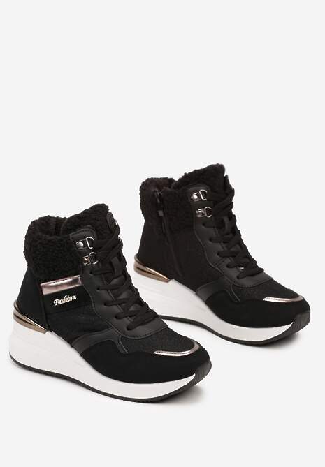 Czarne Sneakersy na Koturnie z Wysoką Cholewką Ozdobione Brokatem Sinthera