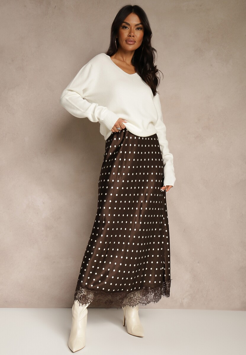 Brązowa Spódnica z Wiskozy High Waist Ozdobiona Kropkami i Koronką Monivia