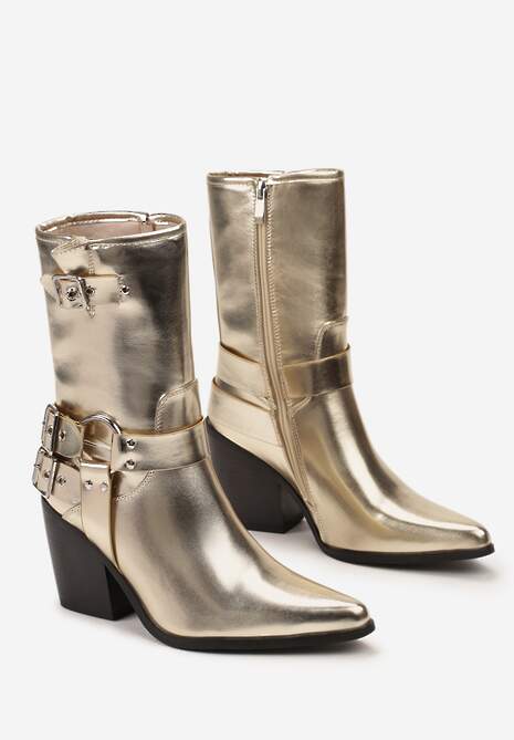 Złote Botki Kowojki na Ściętym Słupku z Klamrami i Sprzączkami Caraley