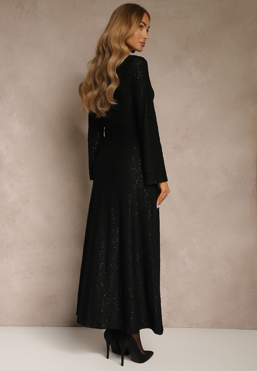 Czarna Rozkloszowana Sukienka Longsleeve w Zebrę Zdobiona Brokatem Mevilisa