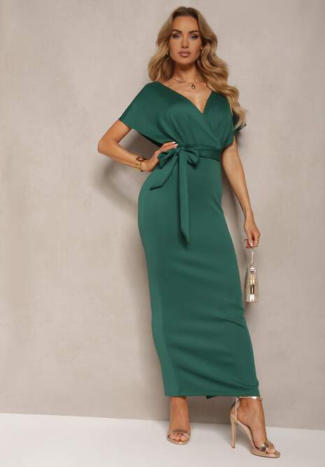 Zielona Sukienka Koktajlowa z Trójkątnym Dekoltem i Materiałowym Paskiem z Rozcięciem Wilni
