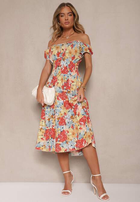 Różowo-Beżowa Sukienka Midi z Krótkim Rękawem z Wiskozy w Kwiaty Emena