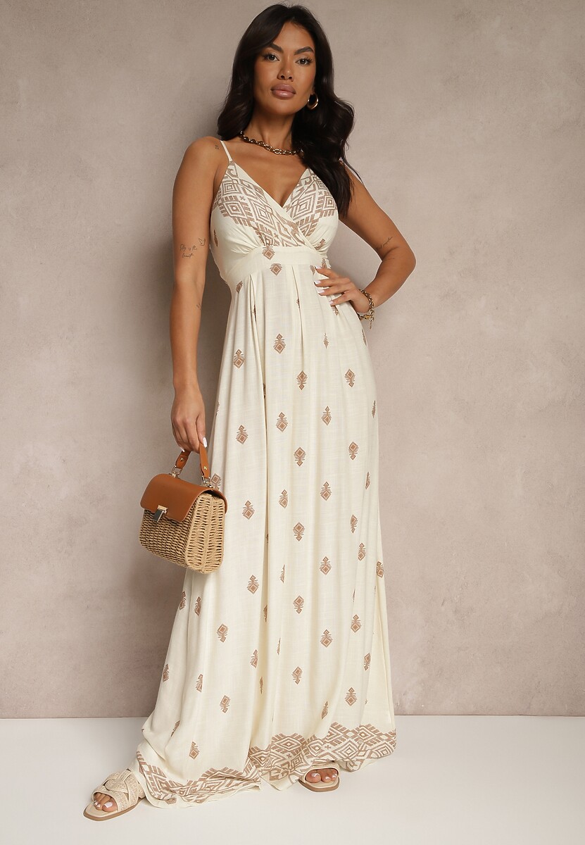 Kremowo-Beżowa Kopertowa Sukienka na Ramiączkach z Bawełny z Wiązanym Paskiem Reveesia