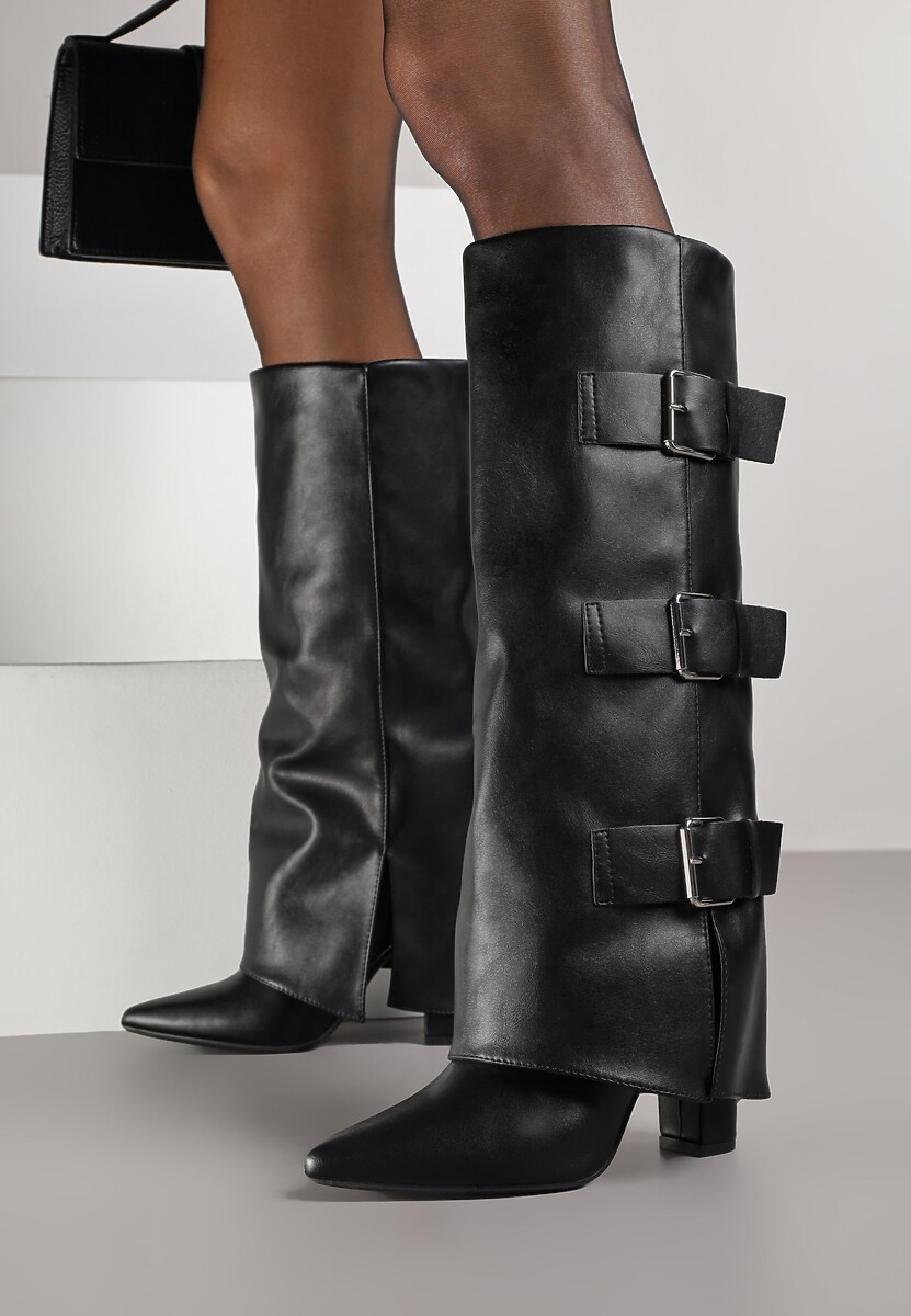 Czarne Kozaki na Słupku Ozdobione Klamrami i Wywiniętą Cholewką Einella