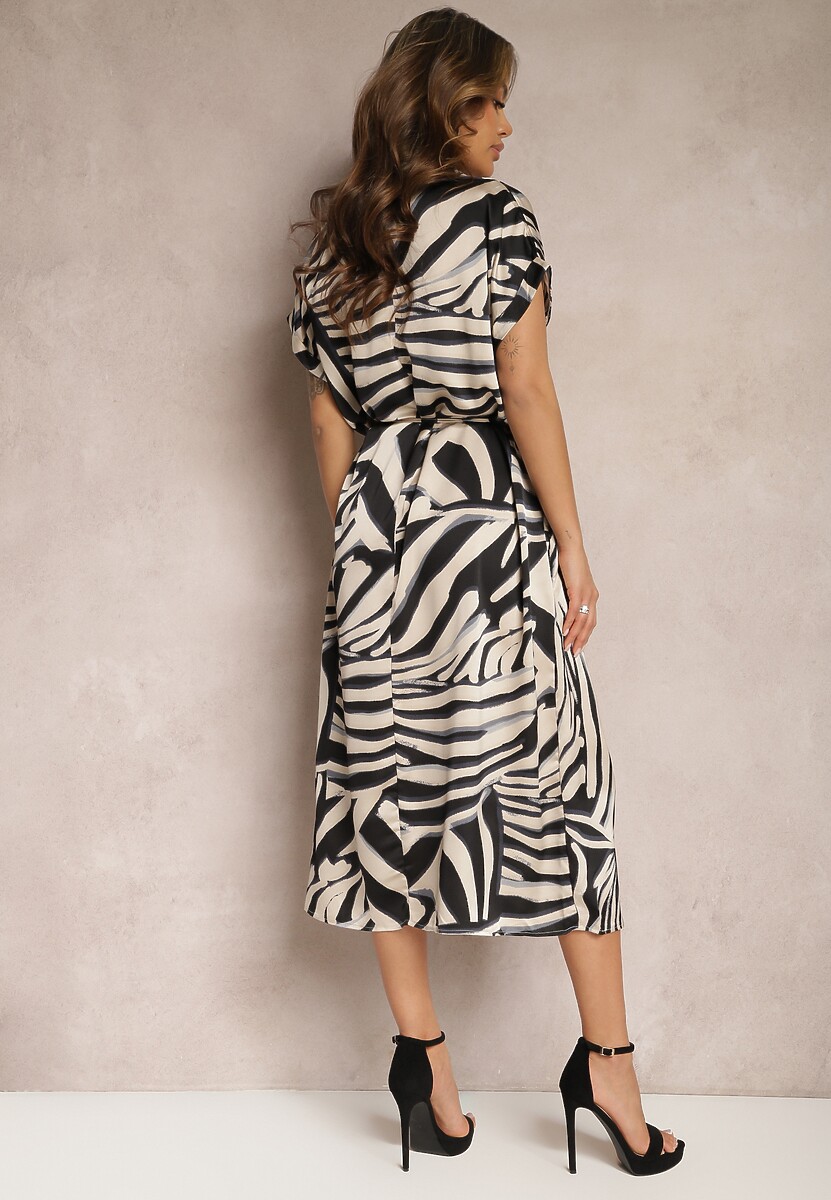 Beżowo-Czarna Midi Sukienka Pudełkowa w Animal Print z Paskiem Avula