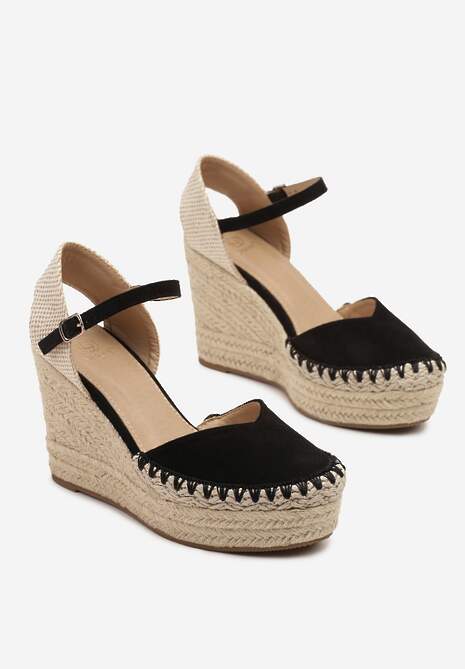 Czarne Sandały Typu Espadryle na Plecionym Koturnie Tervanis