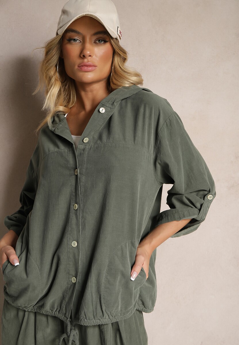 Szara Koszula z Bawełny o Luźnym Kroju z Kapturem i Ściągaczem Felanira