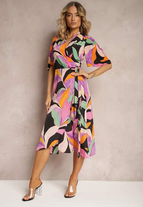 Czarno-Fioletowa Kopertowa Sukienka z Materiałowym Paskiem w Talii Ruspia