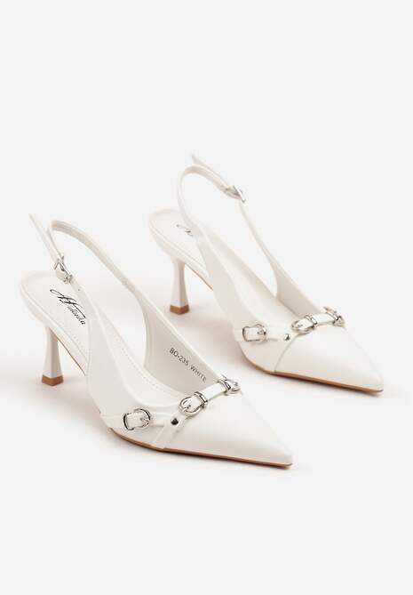 Białe Sandały Szpilki Typu Slingback Zdobione Sprzączkami Telinea