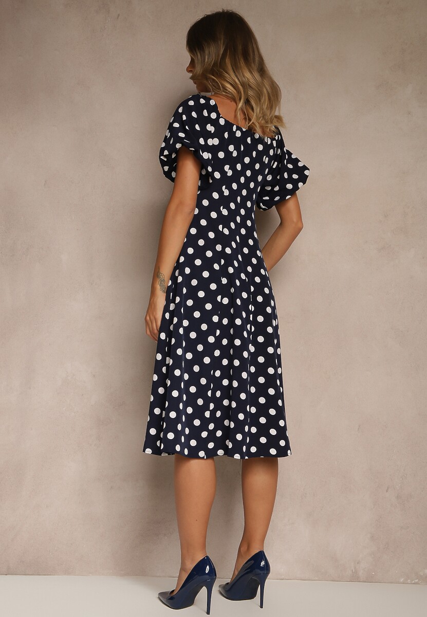 Granatowa Sukienka Hiszpanka Vices w Kropki o Rozkloszowanym Kroju Zilua