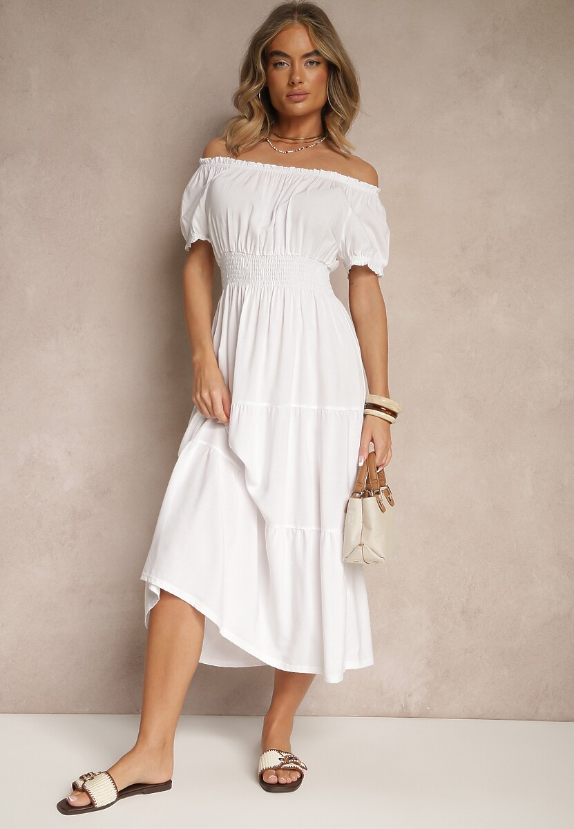 Biała Rozkloszowana Sukienka z Gumką w Talii i Dekoltem w Kształcie Łódki Miratela