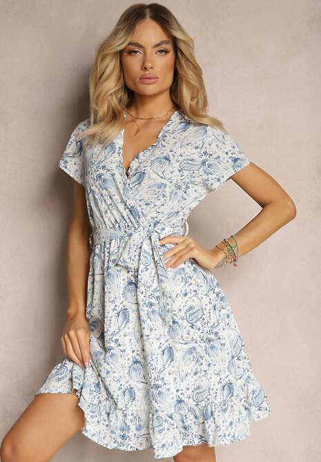 Niebieska Rozkloszowana Sukienka z Krótkim Rękawem i Trójkątnym Dekoltem z Gumką w Pasie Starielle