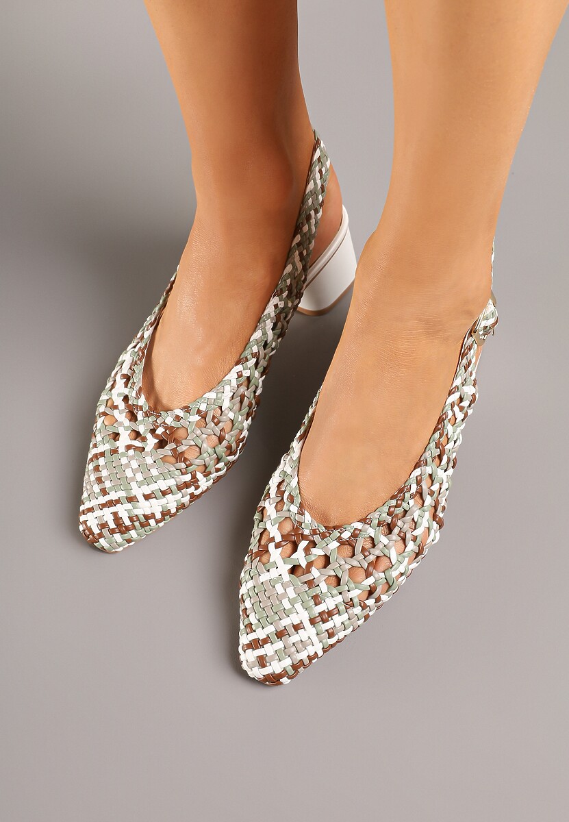 Brązowo-Białe Sandały na Słupku Slingback Ozdobione Plecioną Cholewką Linaiana