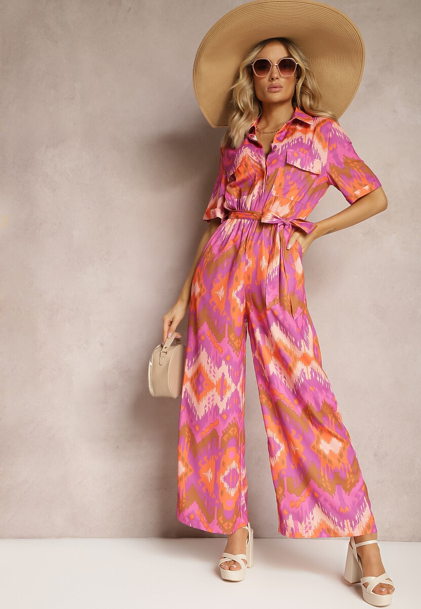 Fioletowo-Pomarańczowy Kombinezon z Koszulową Górą Gumką w Talii i Materiałowym Paskiem Tlarion