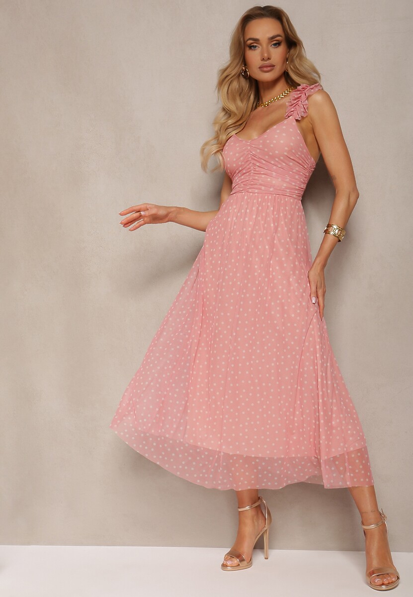 Jasnoróżowa Sukienka Rozkloszowana na Cienkich Ramiączkach z Gumką w Pasie i Tiulem Cevalla