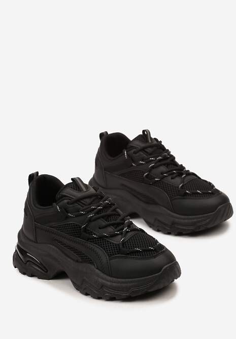 Czarne Sneakersy na Masywnej Podeszwie z Siateczkowym Wstawkami i Ozdobnymi Sznurówkami Ollavia