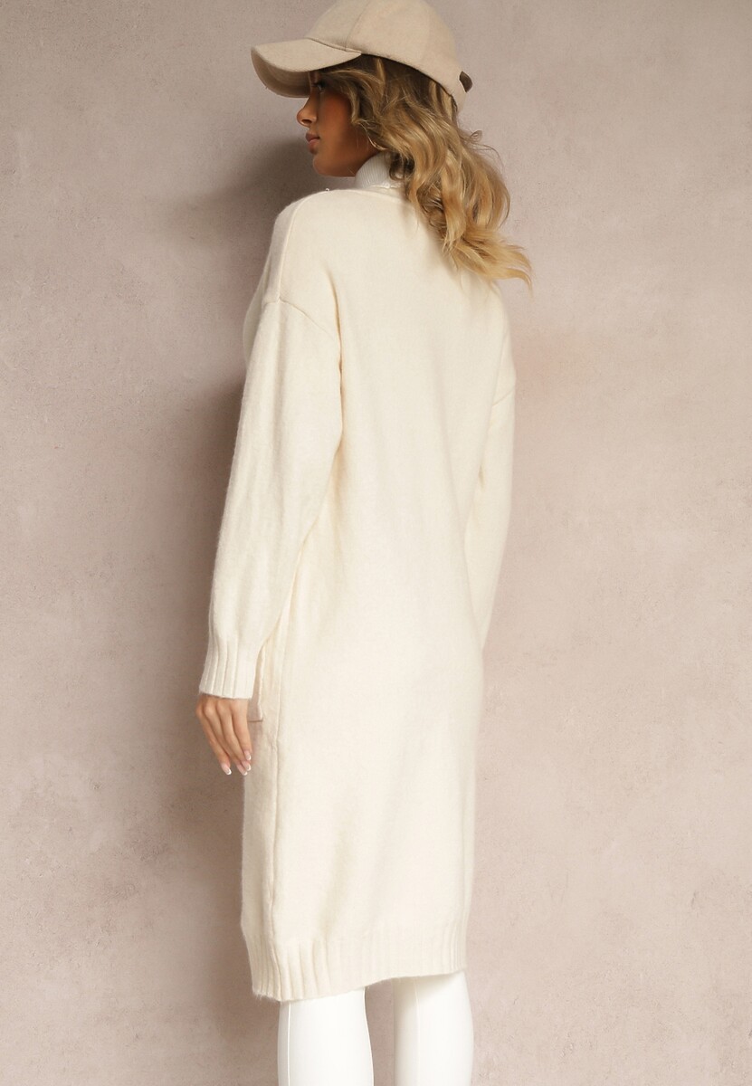 Jasnobeżowy Długi Rozpinany Kardigan z Wełną i Bawełną Vamiya