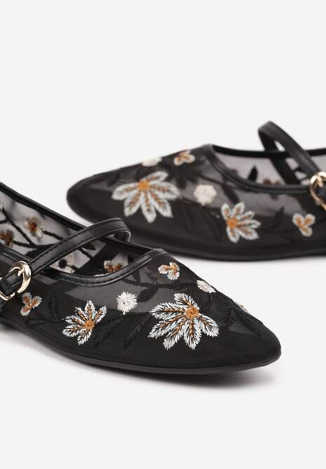 Czarne Balerinki z Siateczki w Stylu Mary Jane Zdobione Kwiatowym Haftem Nitelissa