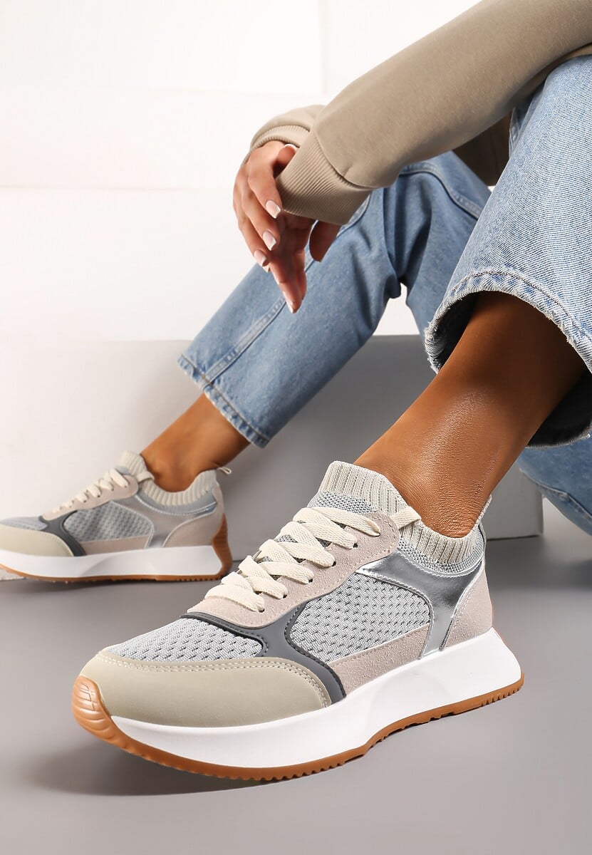 Szaro-Beżowe Wsuwane Sneakersy na Platformie ze Sznurowaniem i Metalicznymi Wstawkami Nercea