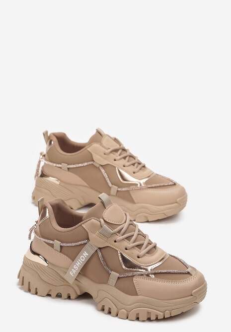Ciemnobeżowe Sznurowane Sneakersy z Ozdobnym Paskiem i Metalicznymi Wstawkami Asterella