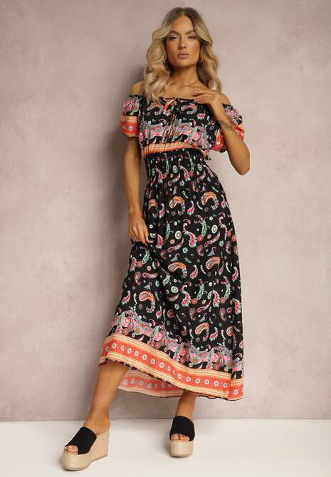 Czarno-Pomarańczowa Letnia Sukienka z Bawełny o Fasonie Hiszpanki z Gumką w Pasie i Wzorem Paisley Delsina