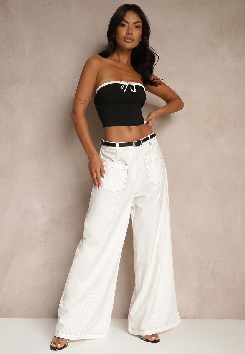 Białe Szerokie Spodnie High Waist z Wiskozą z Ozdobnymi Przeszyciami Linadia