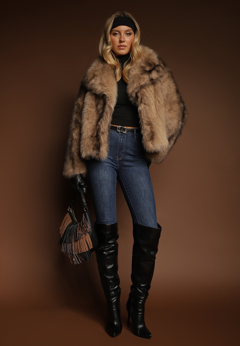 Beżowa Kurtka Futerko z Ozdobnym Kołnierzem Fitene