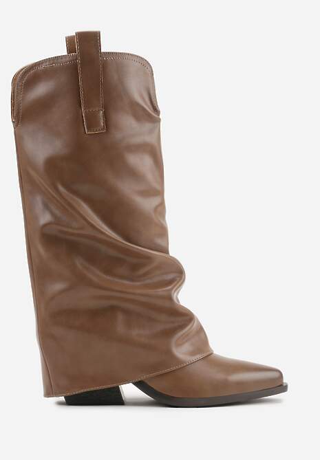 Brązowe Kozaki Kowbojki na Stożku z Wywiniętą Marszczoną Cholewką Escana