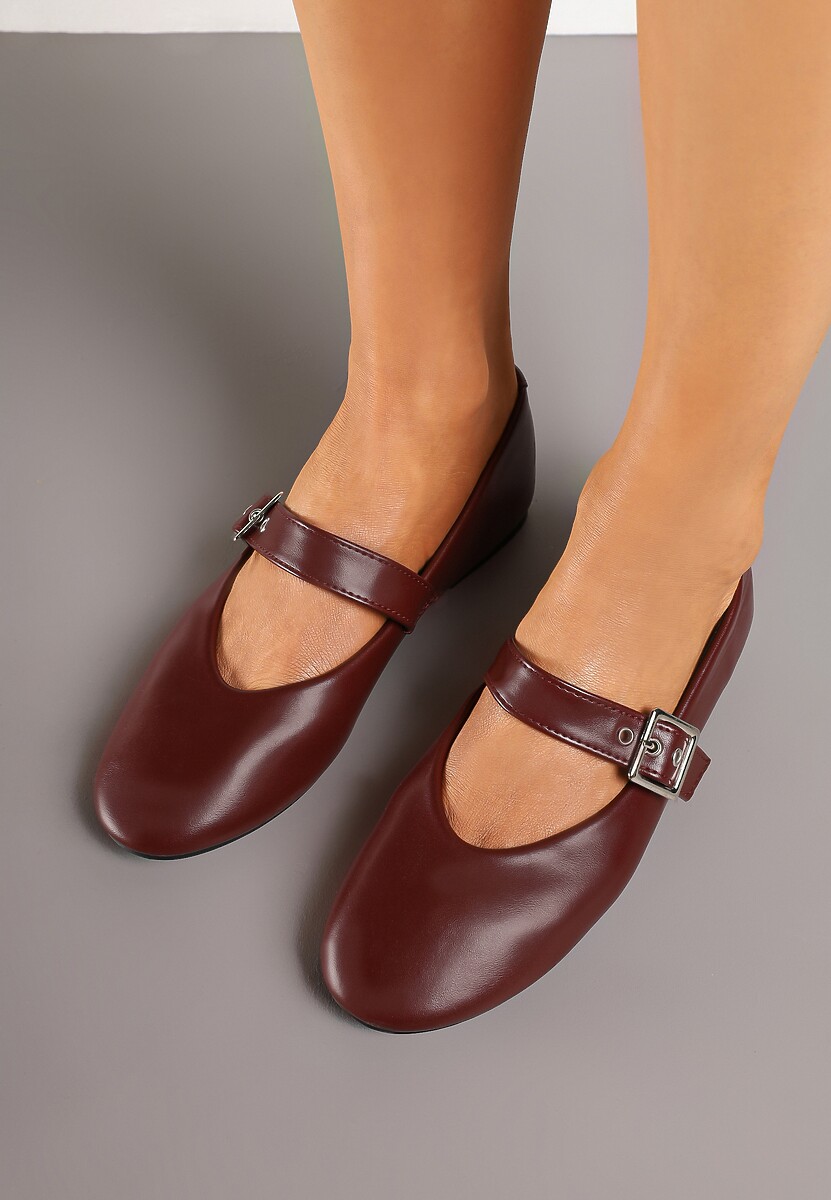 Bordowe Balerinki na Płaskiej Podeszwie Mary Jane Ozdobione Paskiem ze Sprzączką Fareloma