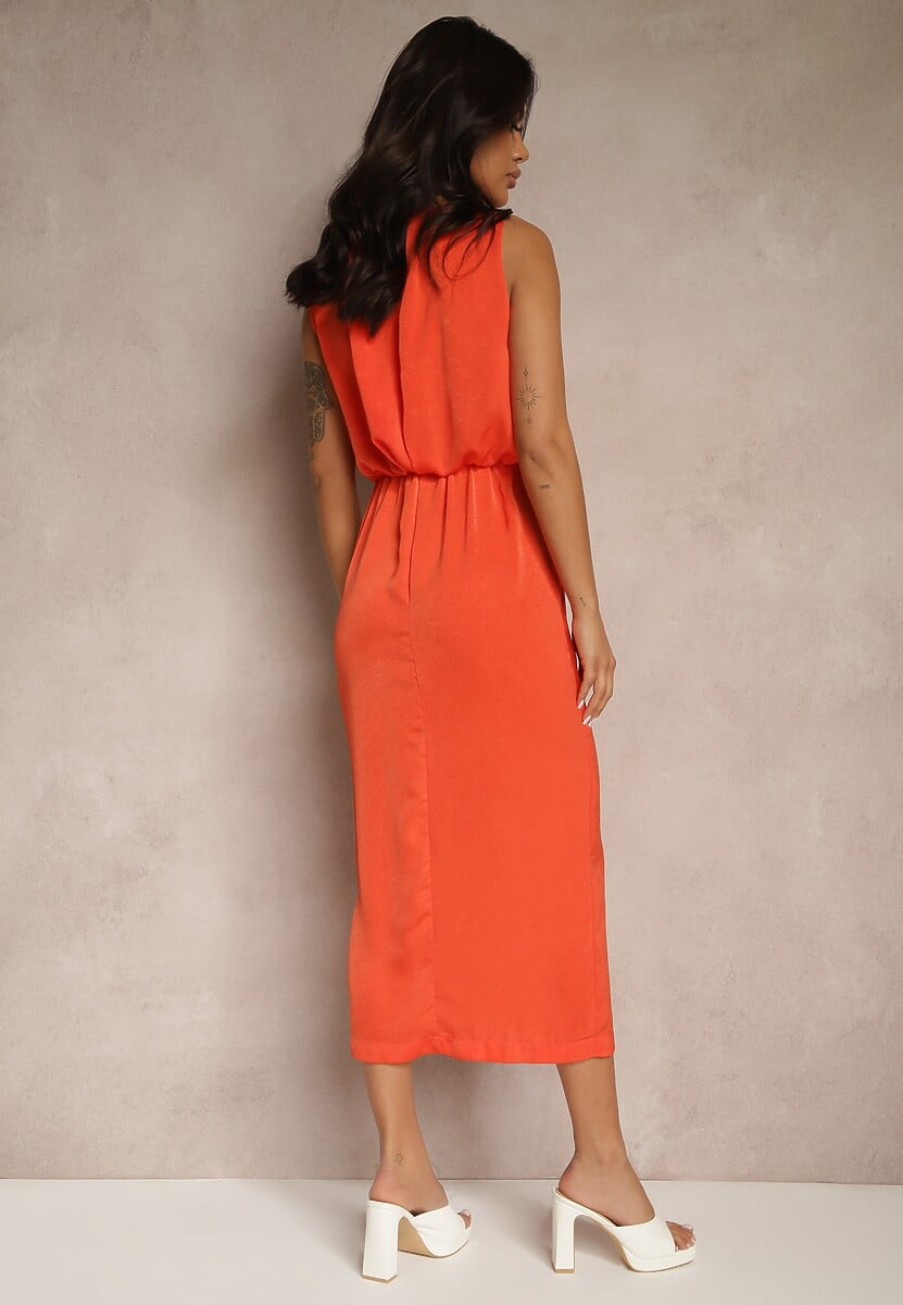 Pomarańczowa Elegancka Sukienka z Marszczeniem Rinastia