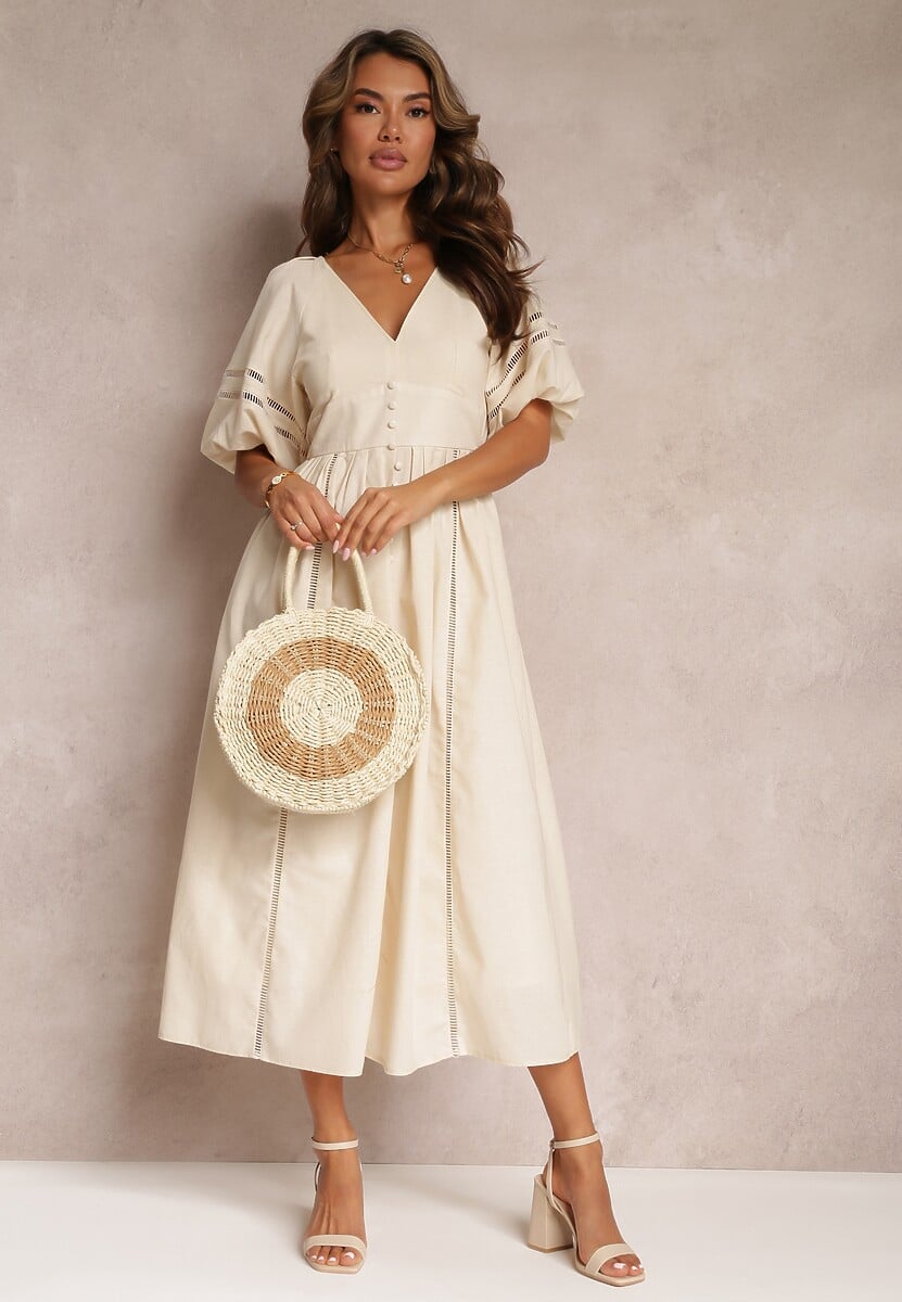 Beżowa Rozkloszowana Sukienka Maxi z Ażurowymi Wstawkami z Lnem i Bawełną Camya