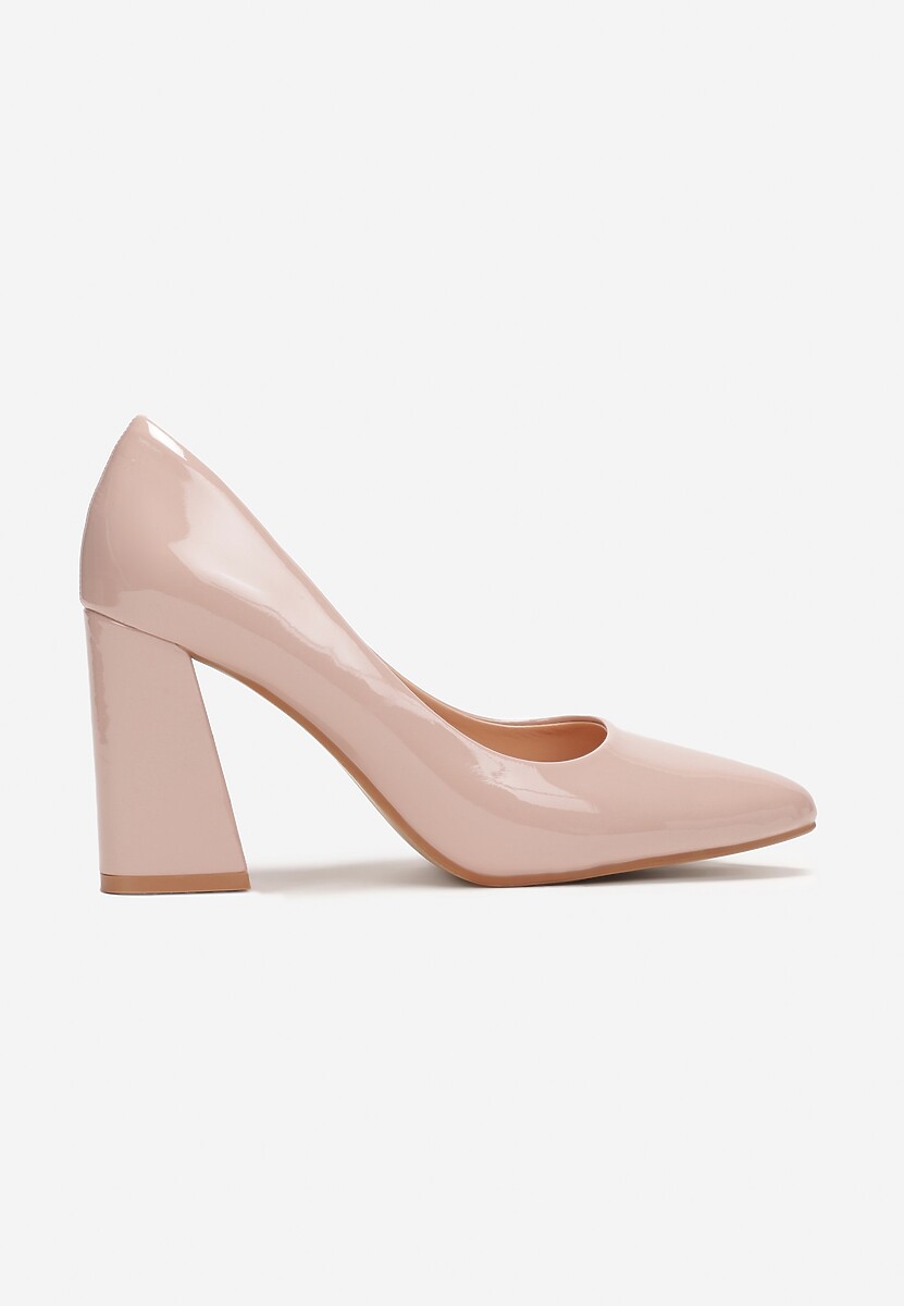 Beżowe Lakierowane Czółenka na Stożkowym Obcasie ze Szpiczastym Noskiem Miriamans